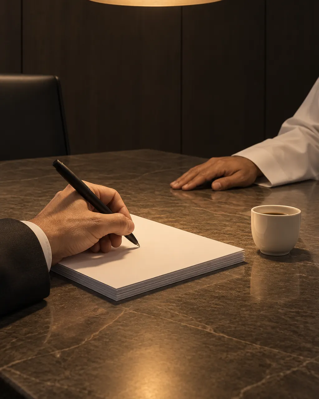 A hand holds a pen over blank pages at a meeting table; across the table a hand in a kandura sleeve rests flat.