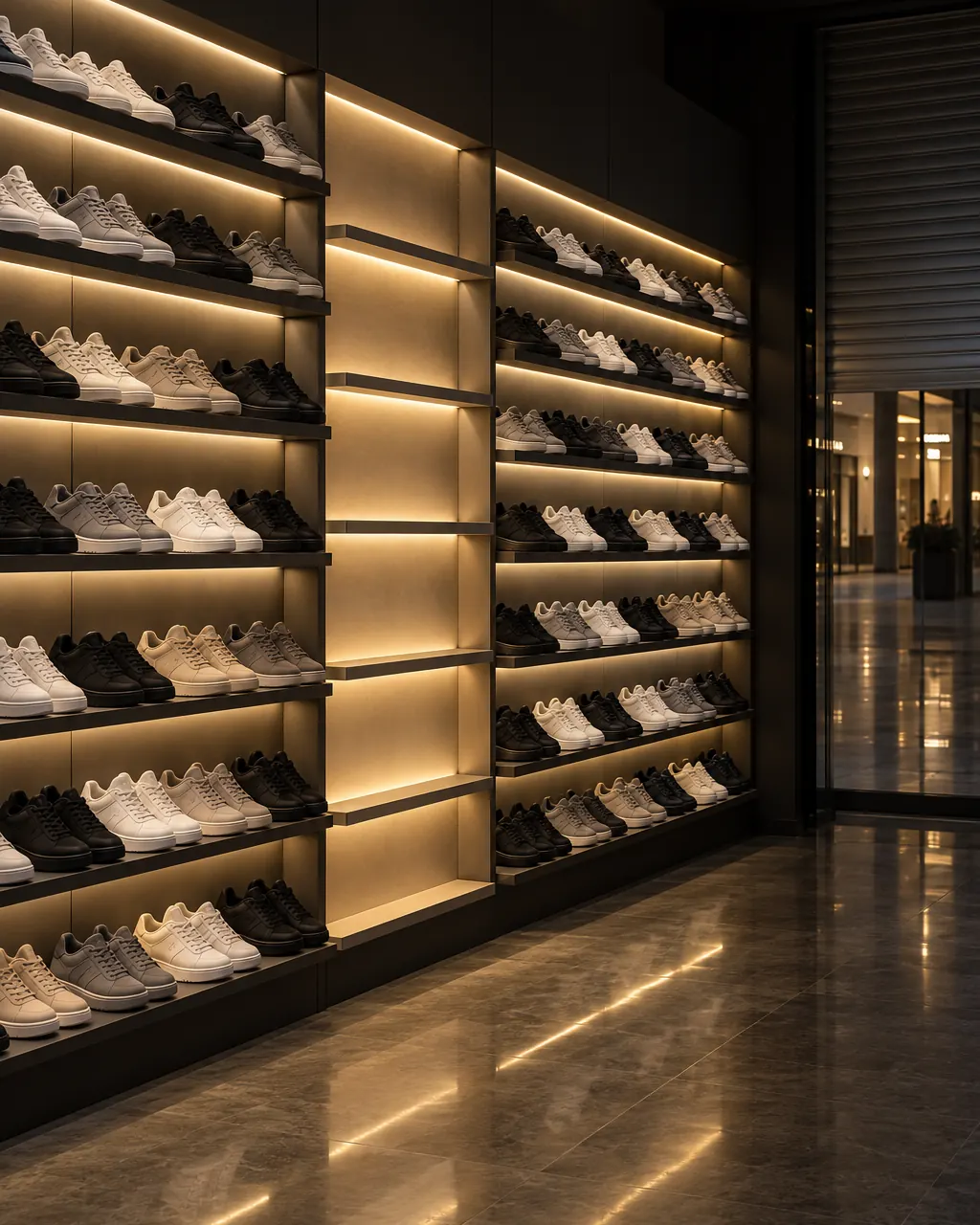 A lit sneaker wall in a mall store after closing: every shelf is full except one empty bay in the middle.