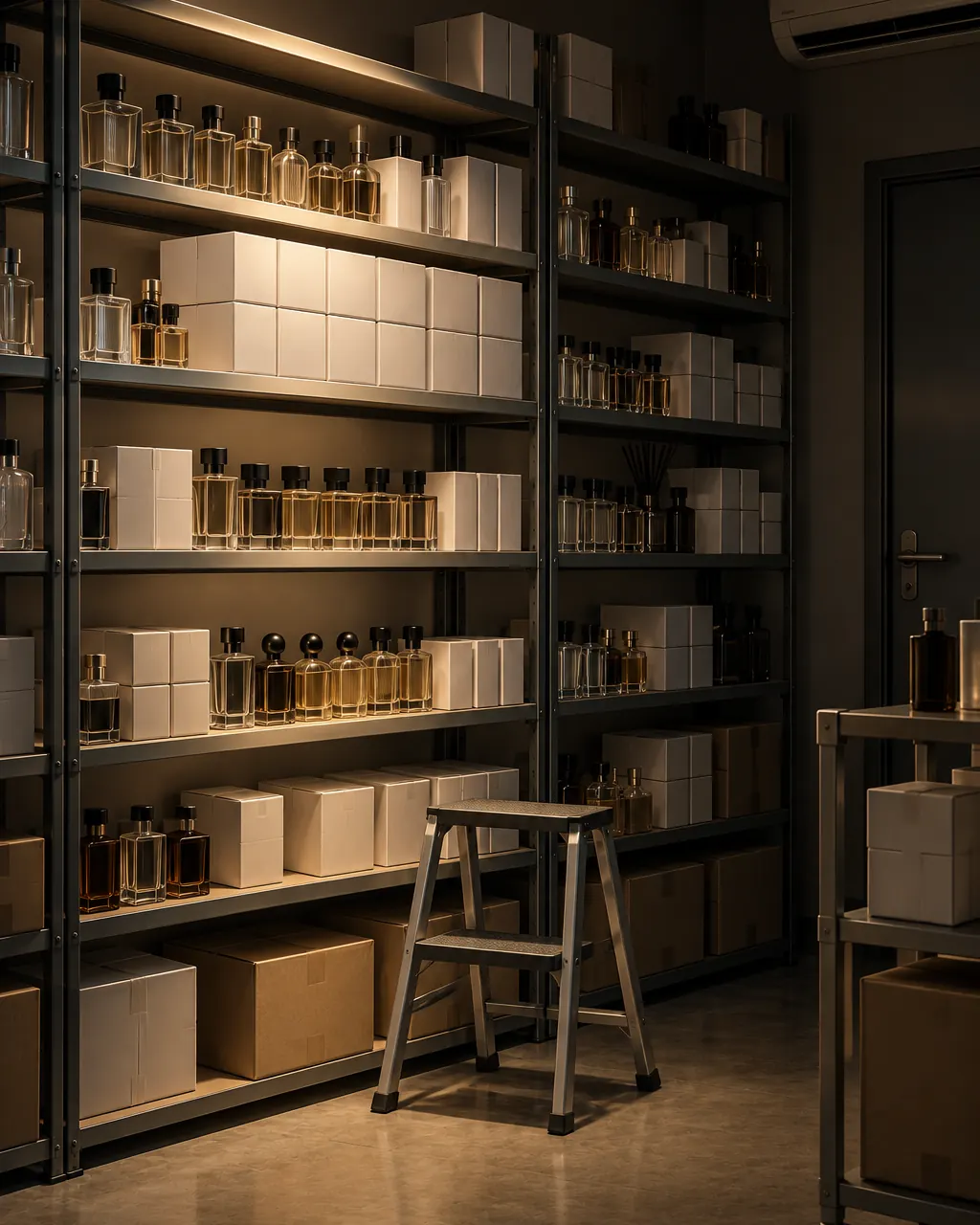 A fragrance stockroom at night, steel shelves full of plain bottles and cartons, with a step ladder in the aisle.