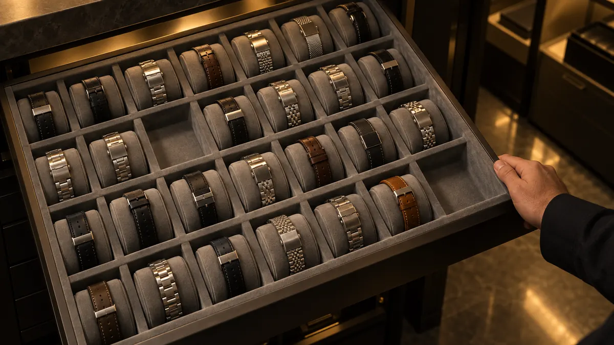 A velvet tray of watches lying strap-up in a drawer, with a few slots left empty.