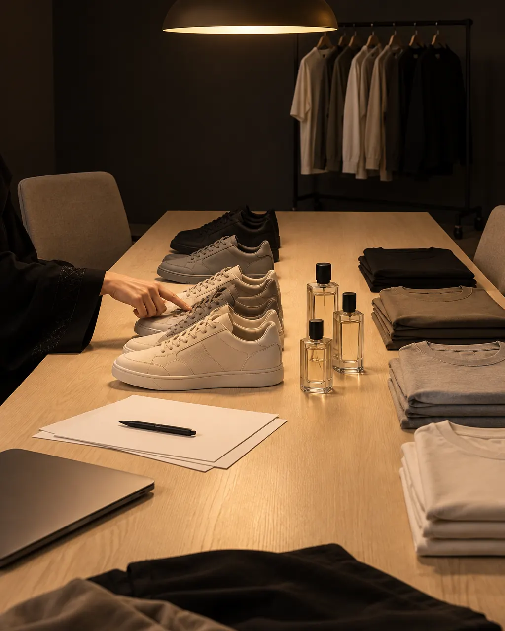 Plain product samples laid out for a buying review under a pendant lamp; a hand in an abaya sleeve points at a sneaker.