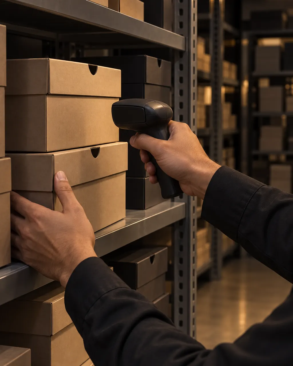Two hands during a stock count: one aims a handheld scanner at a plain shoebox, the other steadies a stack of boxes.