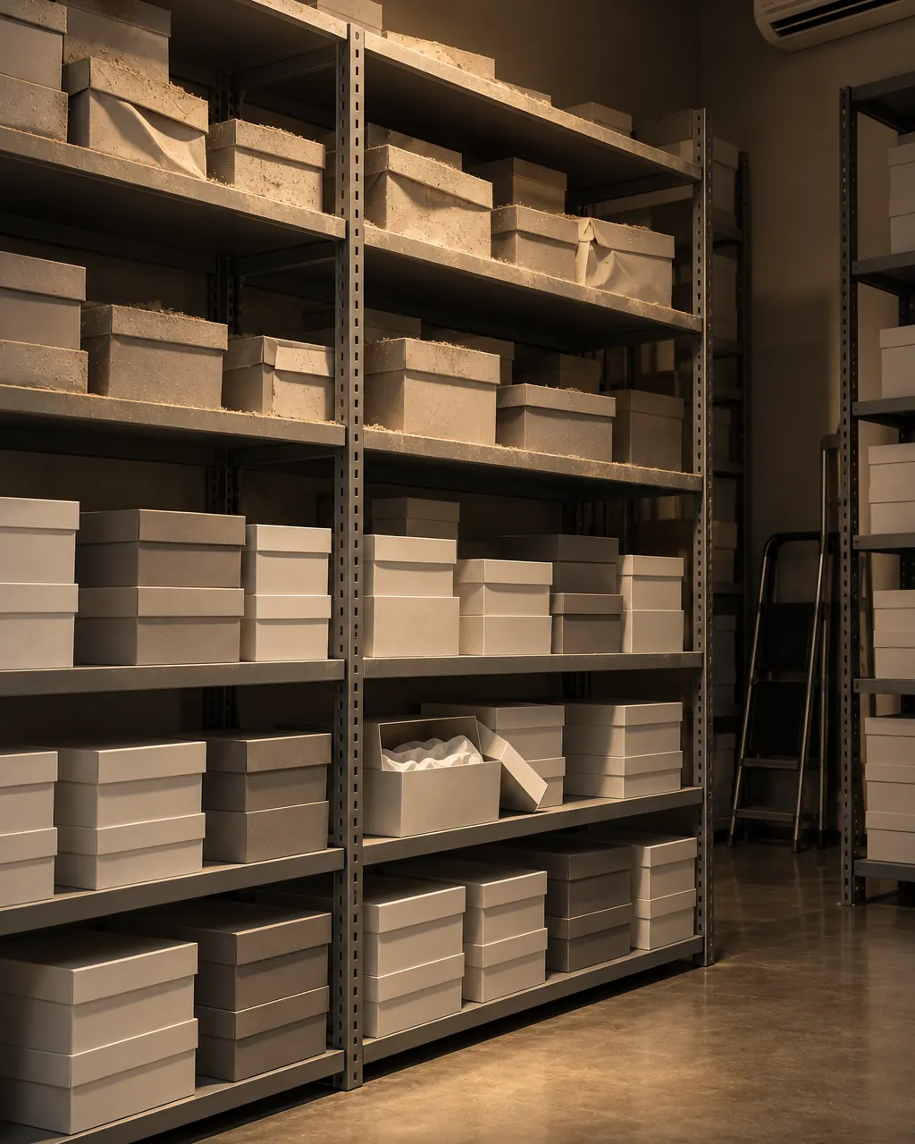 A footwear stockroom where the top shelves hold dusty, untouched shoeboxes above neat, recently handled ones.