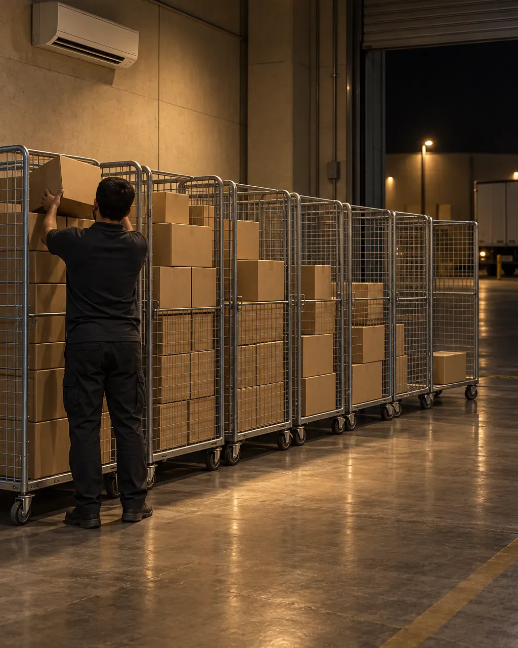 One delivery of plain cartons split across a row of store cages in a warehouse at night, each cage filled to a different height.