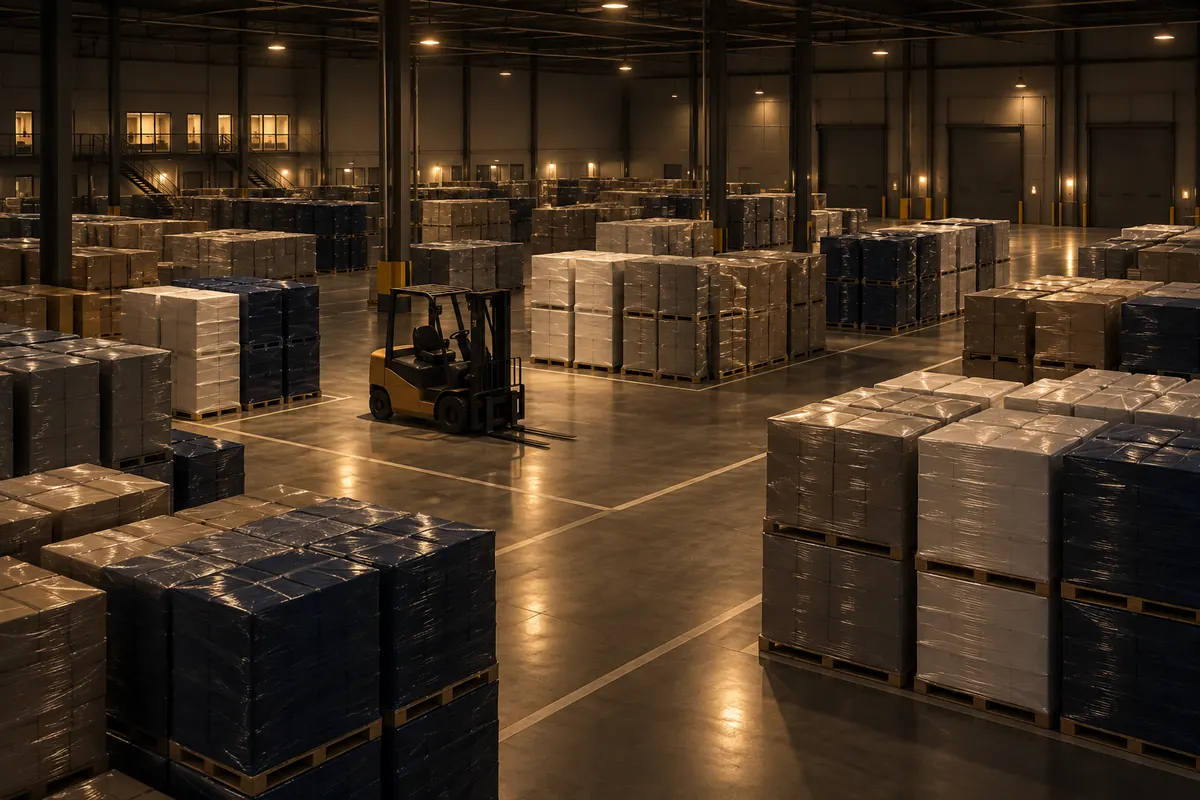 Pallet lanes for different clients in a warehouse, seen from a mezzanine.