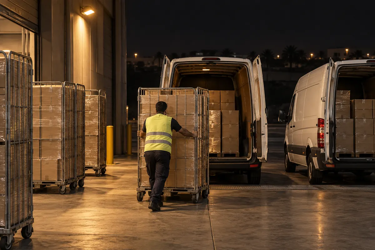 Roll cages of packaged goods at a distributor's dock before dawn.