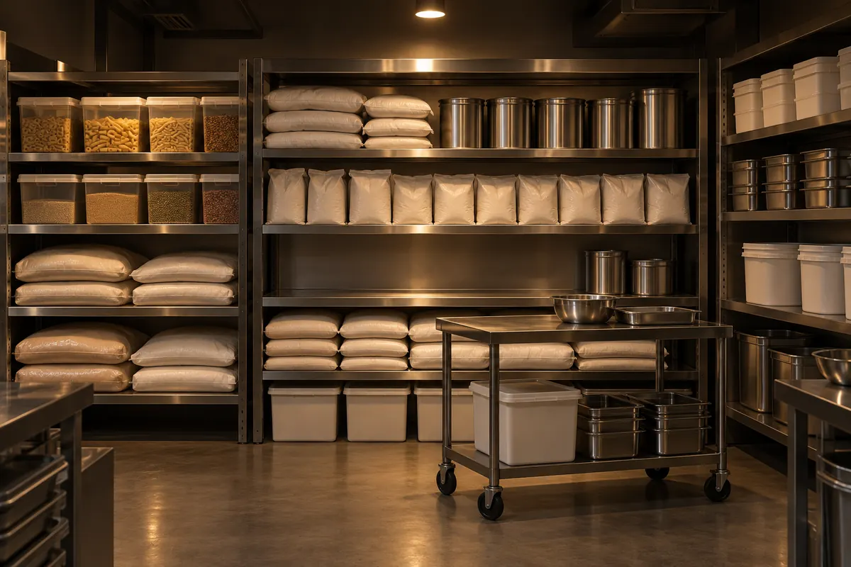A central kitchen dry store with one shelf nearly empty.