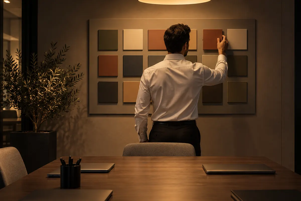 A planner wall of plain coloured blocks in a services office.