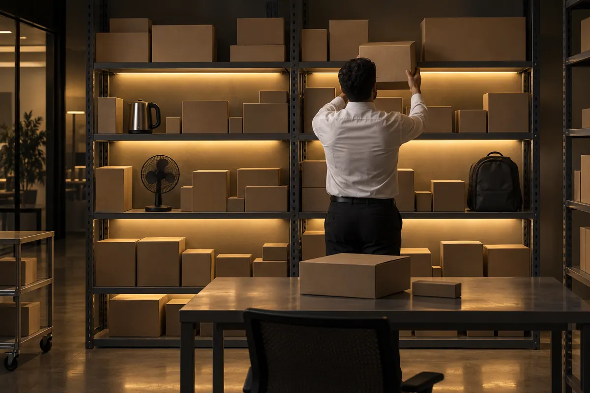 A trading company's sample room; a person lifts a box from a shelf.